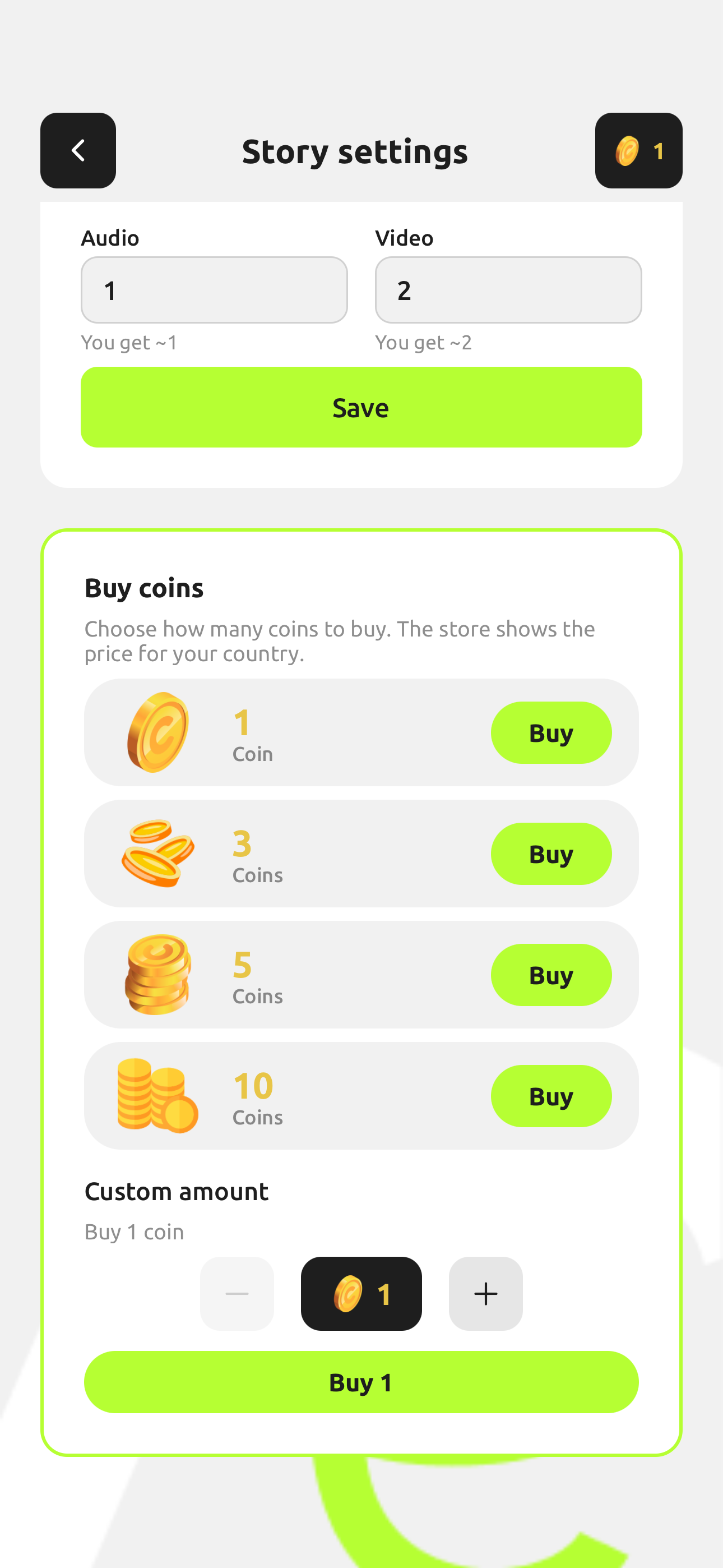 Buy coins and set story prices