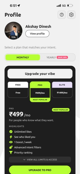 In-app plan selection screen showing Free, Pro and Elite