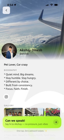 Reshuffl profile with cover photo, bio, gallery and Can we speak button
